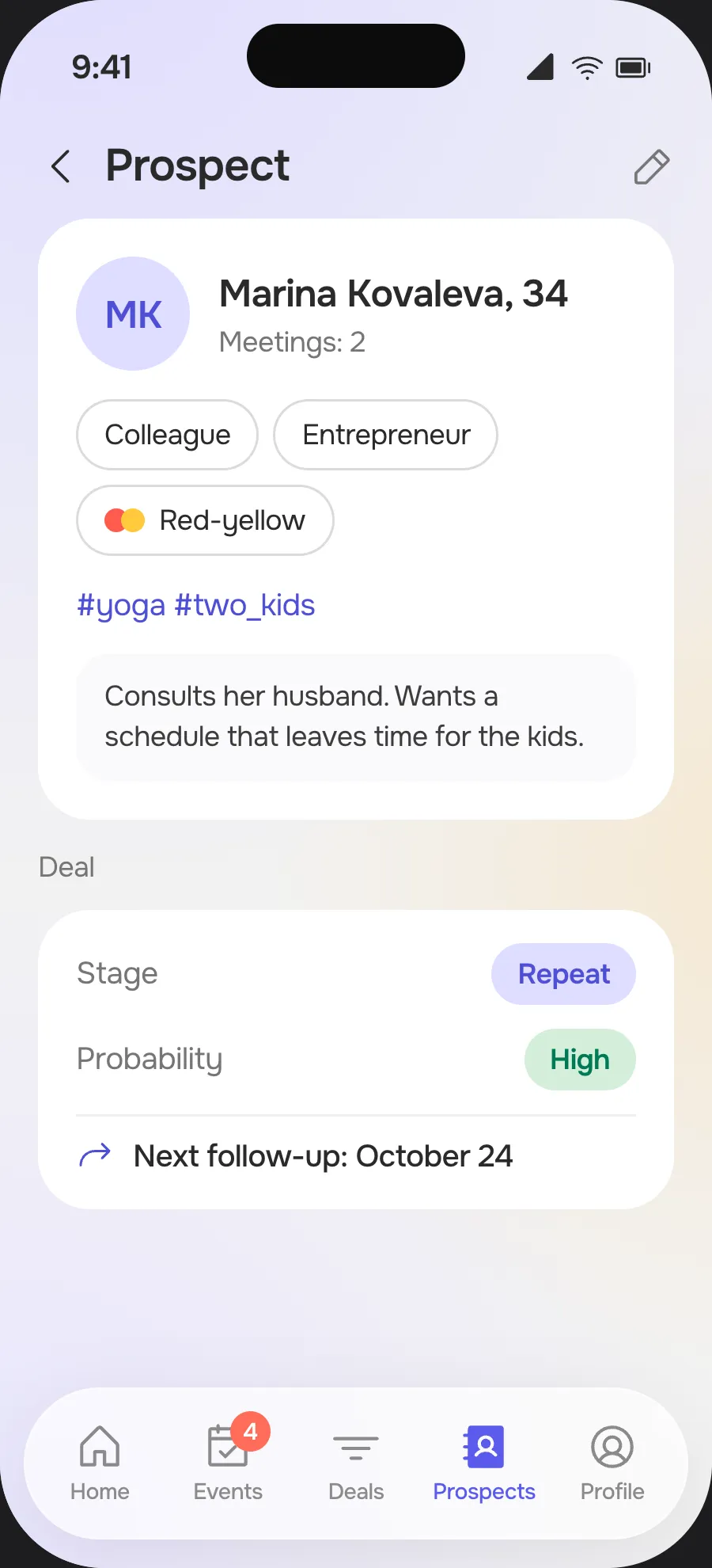 “Prospect” screen: Marina Kovaleva’s card with color type, hashtags and deal