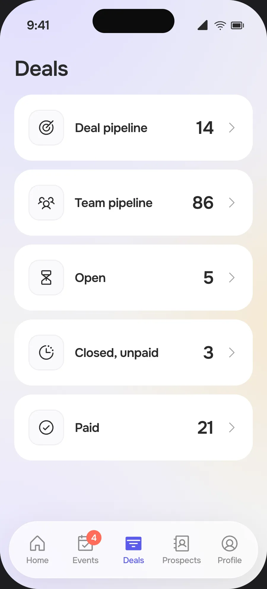 “Deals” screen: deal pipeline, team pipeline, open, closed unpaid and paid deals