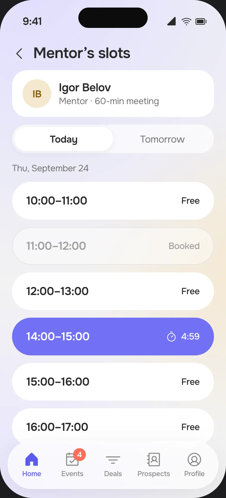 “Mentor’s slots” screen: free and booked slots, one held for 4:59