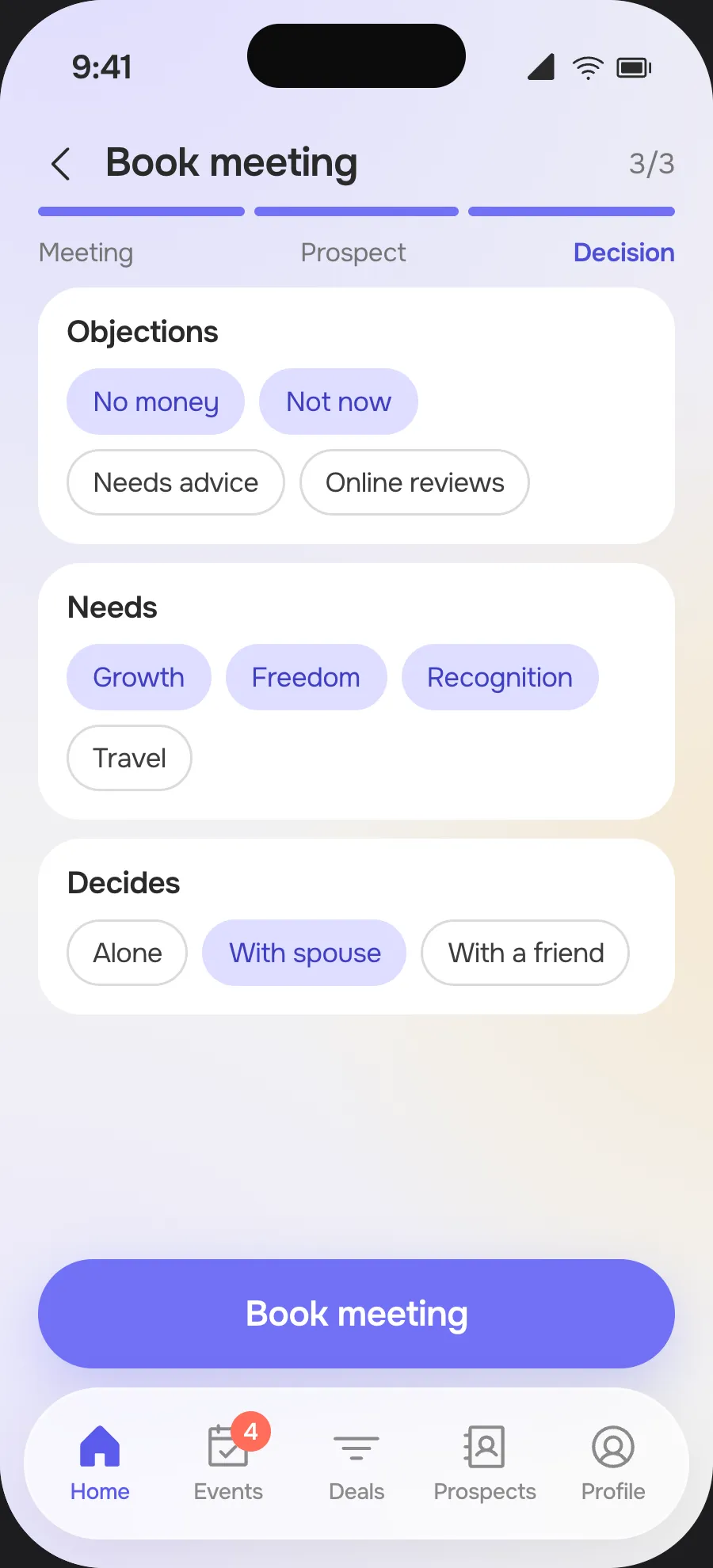 “Book meeting” screen, step 3 “Decision”: objections, needs and who the prospect decides with